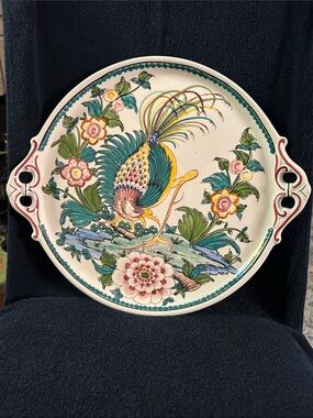 Ala Agueda Portugal Hand Painted Peacock and Floral Handled Platter